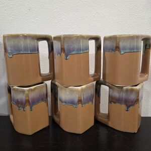 RODOLFO PADILLA Stoneware Mugs Blue Tan Drip Glaze Set 6 MCM Southwest signed